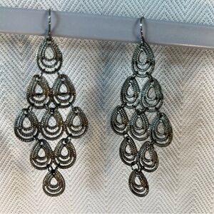 Earrings Teardrop Tiered Silver Like Metal Chandelier Fish Hook W/Rubber Stays
